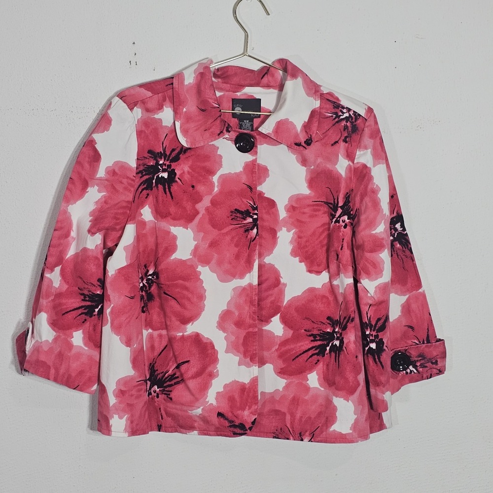 Vintage First Option Floral Print Jacket Full Sz 16 W USA 1X Shoulder Pads